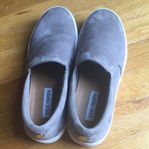 GREY SUEDE STEVE MADDEN SLIP ONS